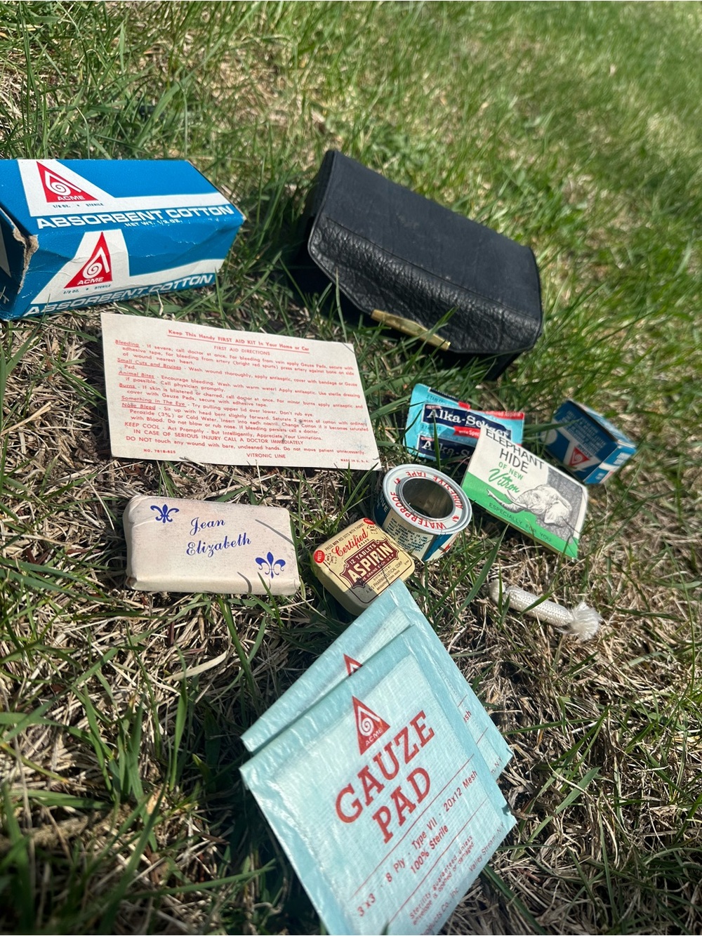 Vintage First Aid Kit Pieces with Gauze Pad - Blue & Black 1939